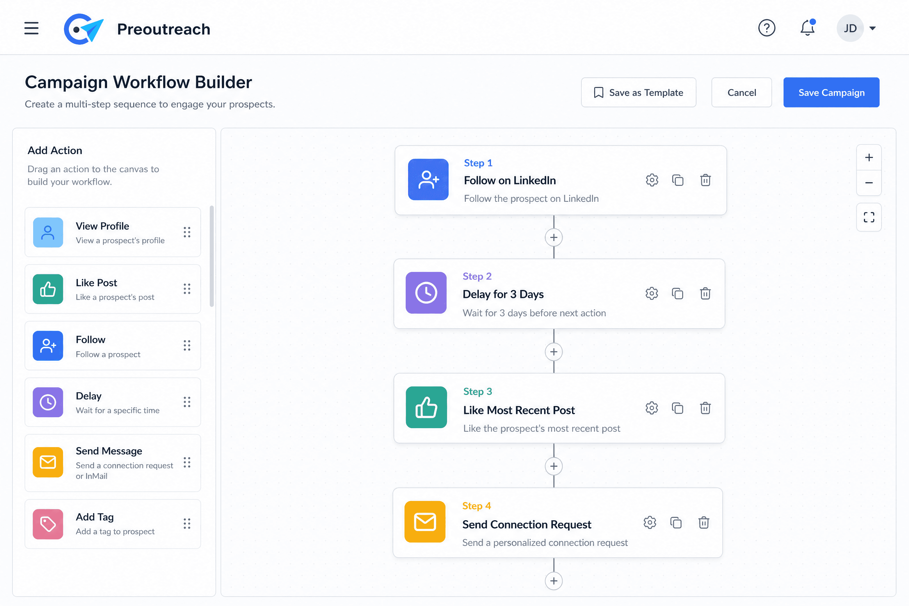 The workflow builder in Preoutreach, where users create automated sequences of social media engagements for their prospects.